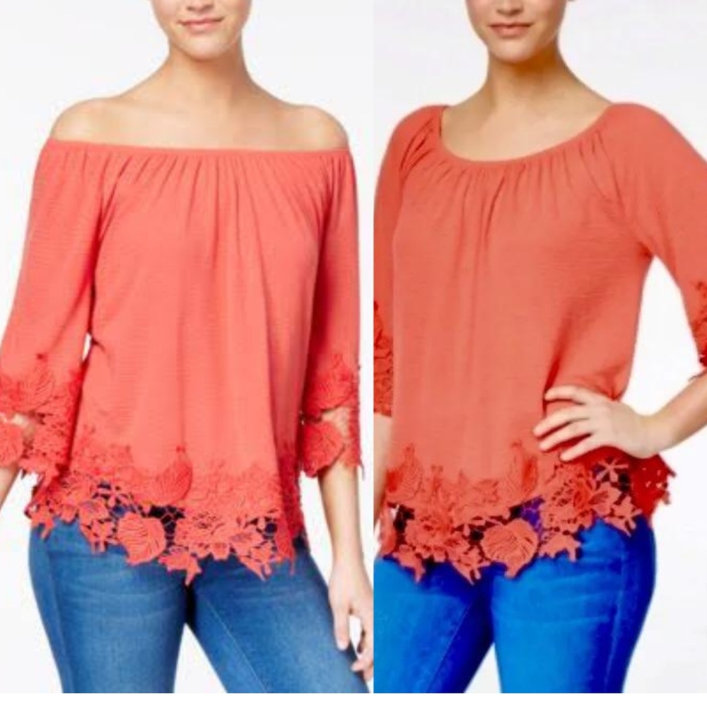 Off or On The-Shoulder Crochet-Trim Top - Coral/Peach Pink - …